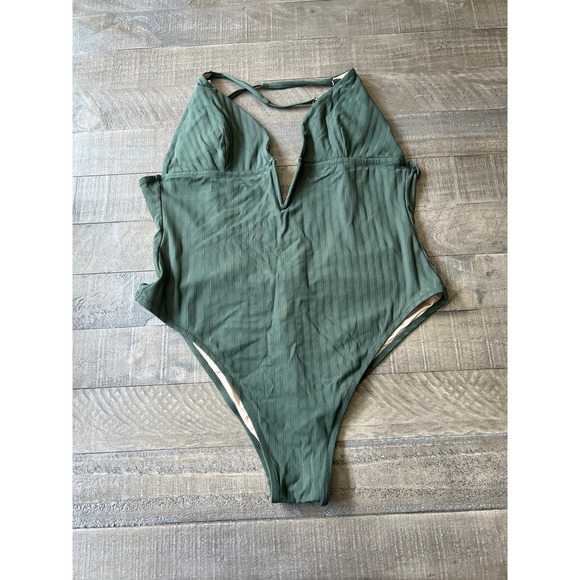 Shade & Shore Swim Women's Green One Piece Swimsuit Ribbed‎ Plunge Size XL - Picture 1 of 9